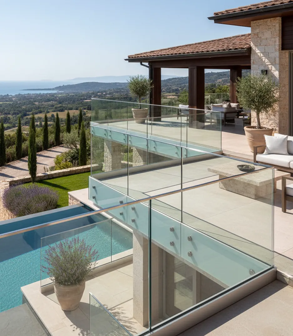 Frameless glass balustrades for balconies, terraces, and stair facades