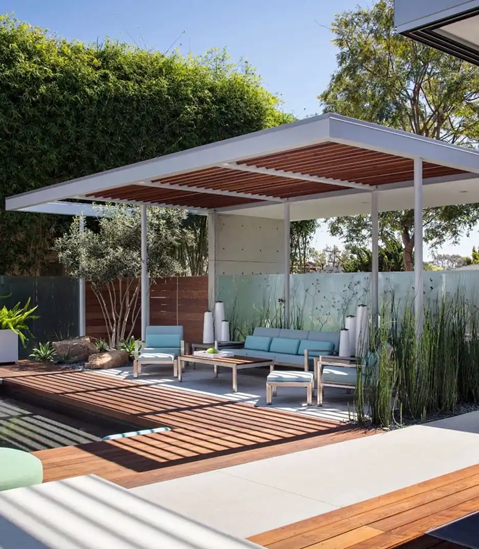 Modern outdoor pergola with wood decking and aluminum frame