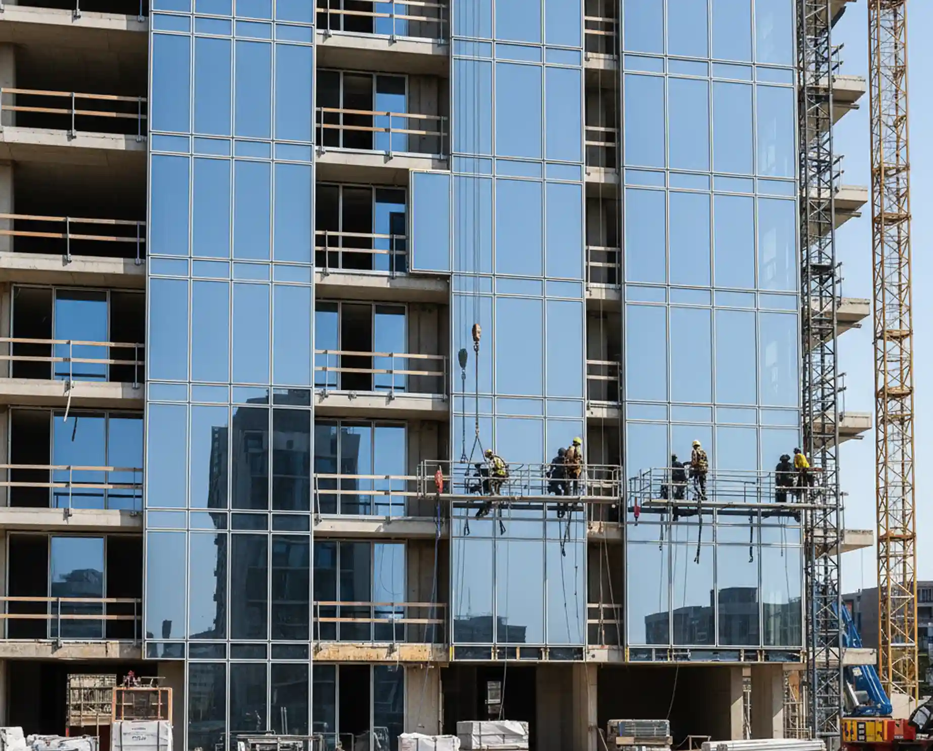 Workers installing glass curtain walls on a modern high-rise building façade, illustrating ETBOX’s full delivery and installation support for global construction projects.