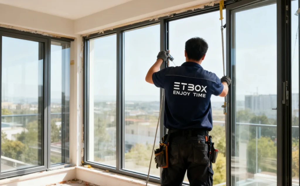 Technicians installing aluminum windows on site, ensuring precise alignment and secure sealing for energy-efficient performance.
