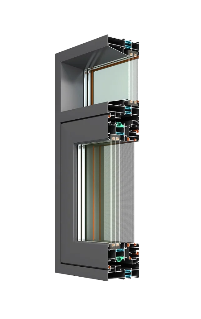 Cross-section of thermal break aluminum window frame showing insulation structure.