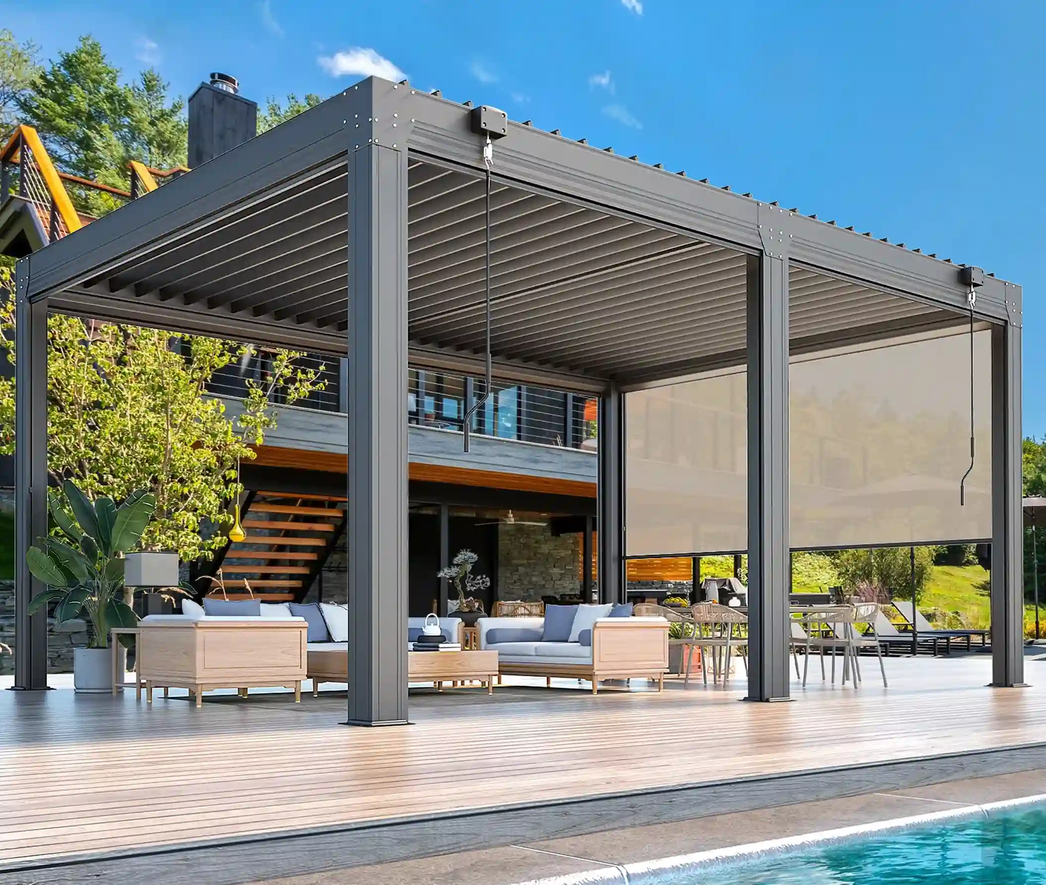 Modern outdoor pergola and patio structure with aluminum frame