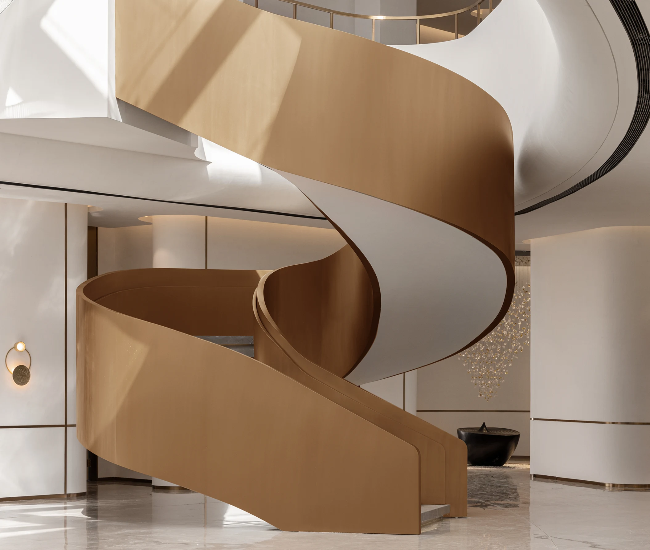 Contemporary wooden staircase with elegant curved structure and lighting