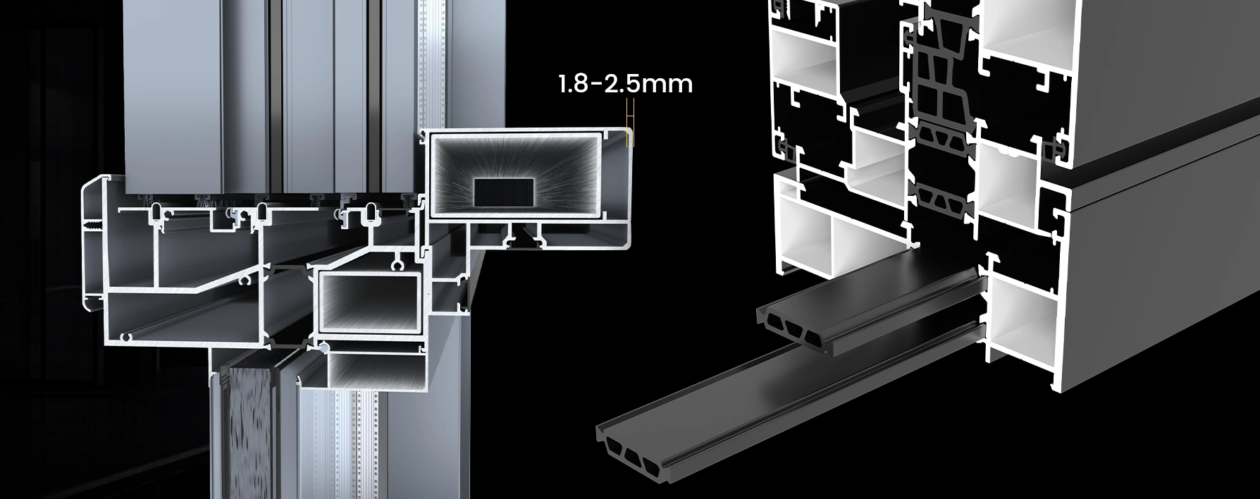 Aluminum window and door profiles with 1.8–2.5 mm wall thickness for durability and insulation.