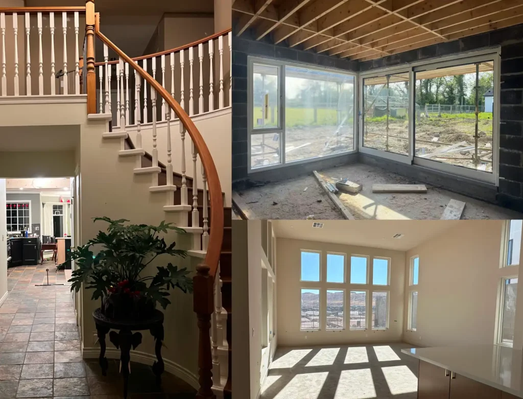 Before whole house renovation showing the original staircase, unfinished extension area, and disconnected interior spaces prior to whole house customization.
