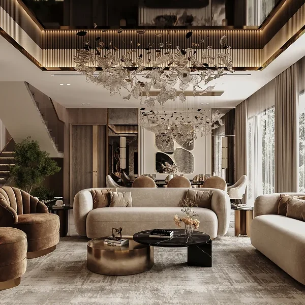 A sophisticated luxury villa living area showcasing designer furniture reproduction, layered textures, and boutique-style Interior Decoration that enhances the Luxury Whole House Design.