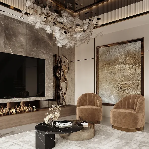 A modern luxury villa living room featuring warm-toned High-Quality Furniture, solid wood accents, and refined Interior Decoration that reflects a Luxury Whole House Design style.