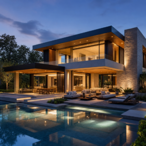 Completed overseas self-built luxury house with integrated exterior materials and pool