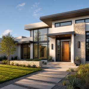 Modern self-built house exterior with premium doors and aluminum windows
