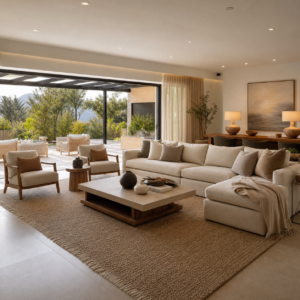 Complete soft-furnishing design for a modern custom-home living room